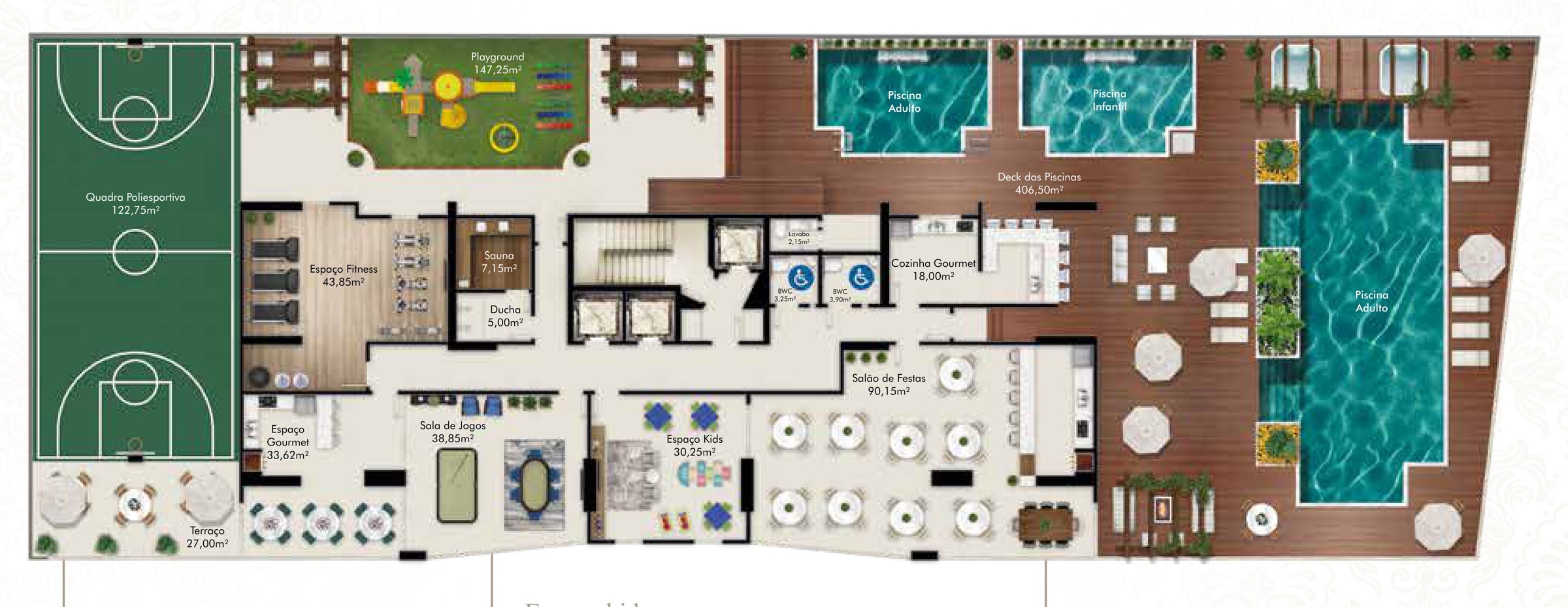 Planta da área de lazer do Paramount Tower, com quadra poliesportiva, três piscinas e salão de festas