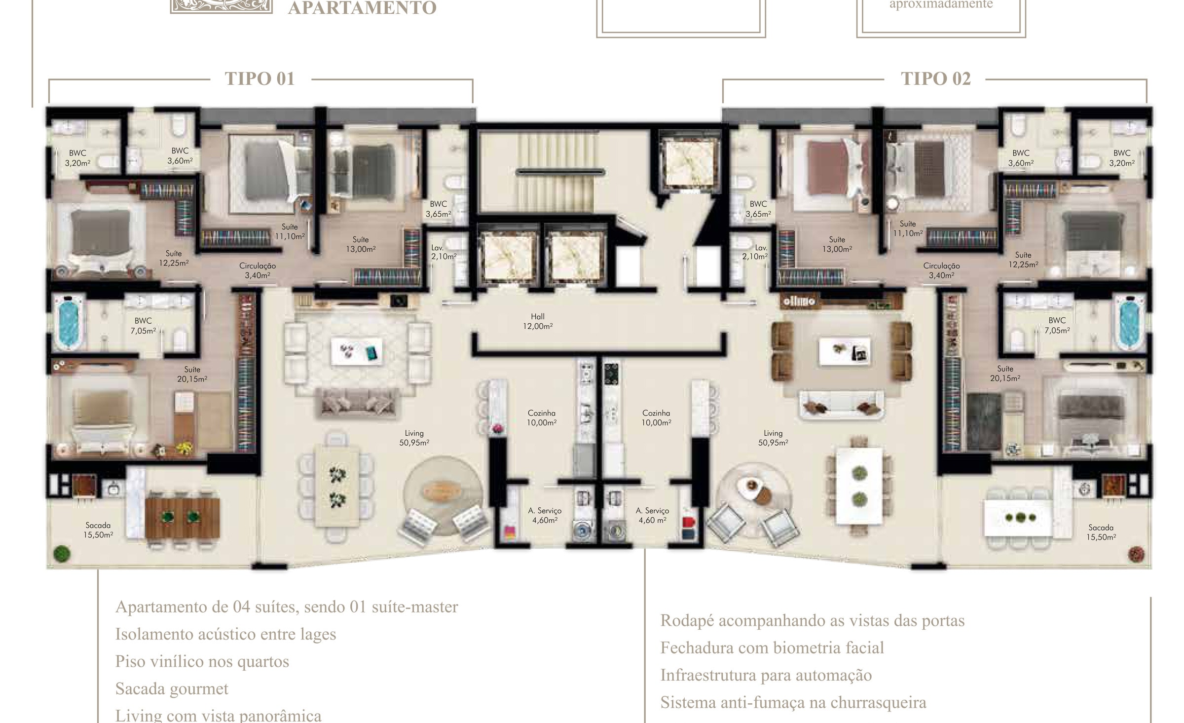Planta do pavimento tipo do Paramount Tower, com os apartamentos tipo 01 e tipo 02 de 4 suítes