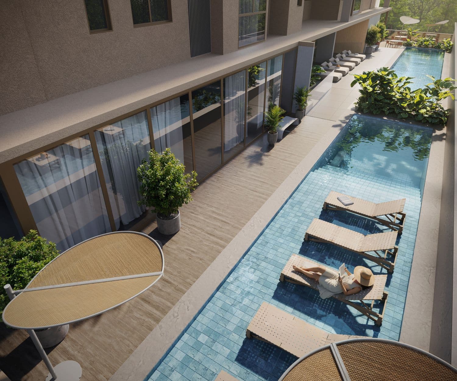 Deck e espreguiçadeiras da piscina do Edifício Park Lane em Porto Belo