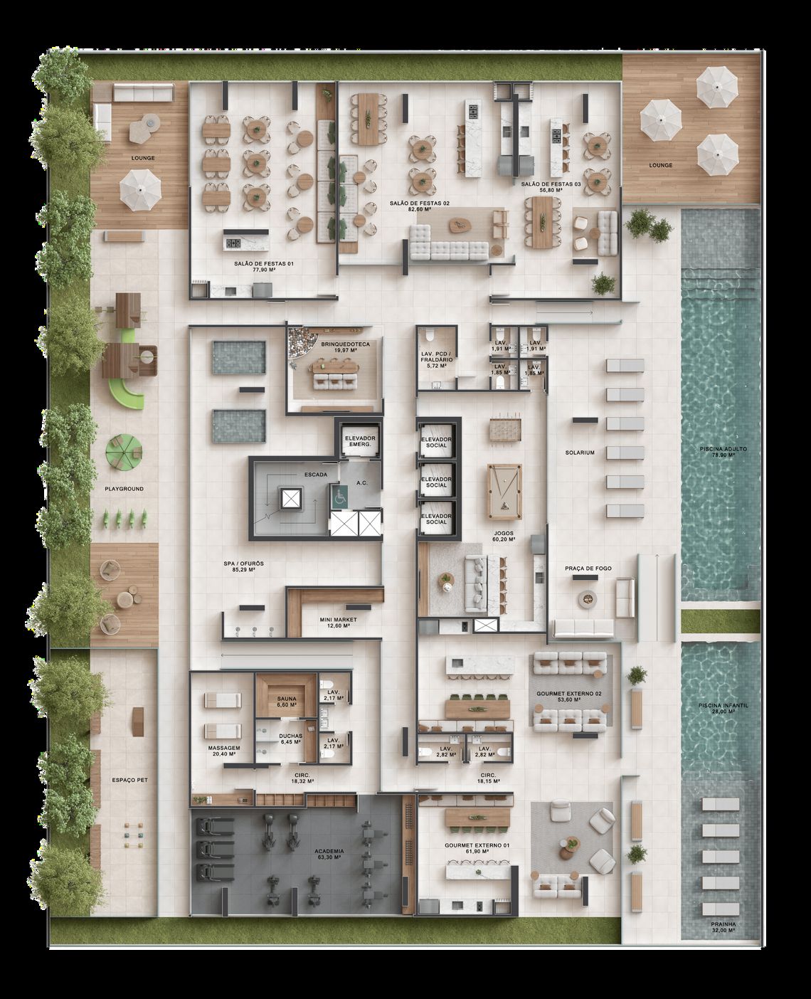 Planta do pavimento de lazer do Park Lane, com 1.620 m², no Balneário Perequê