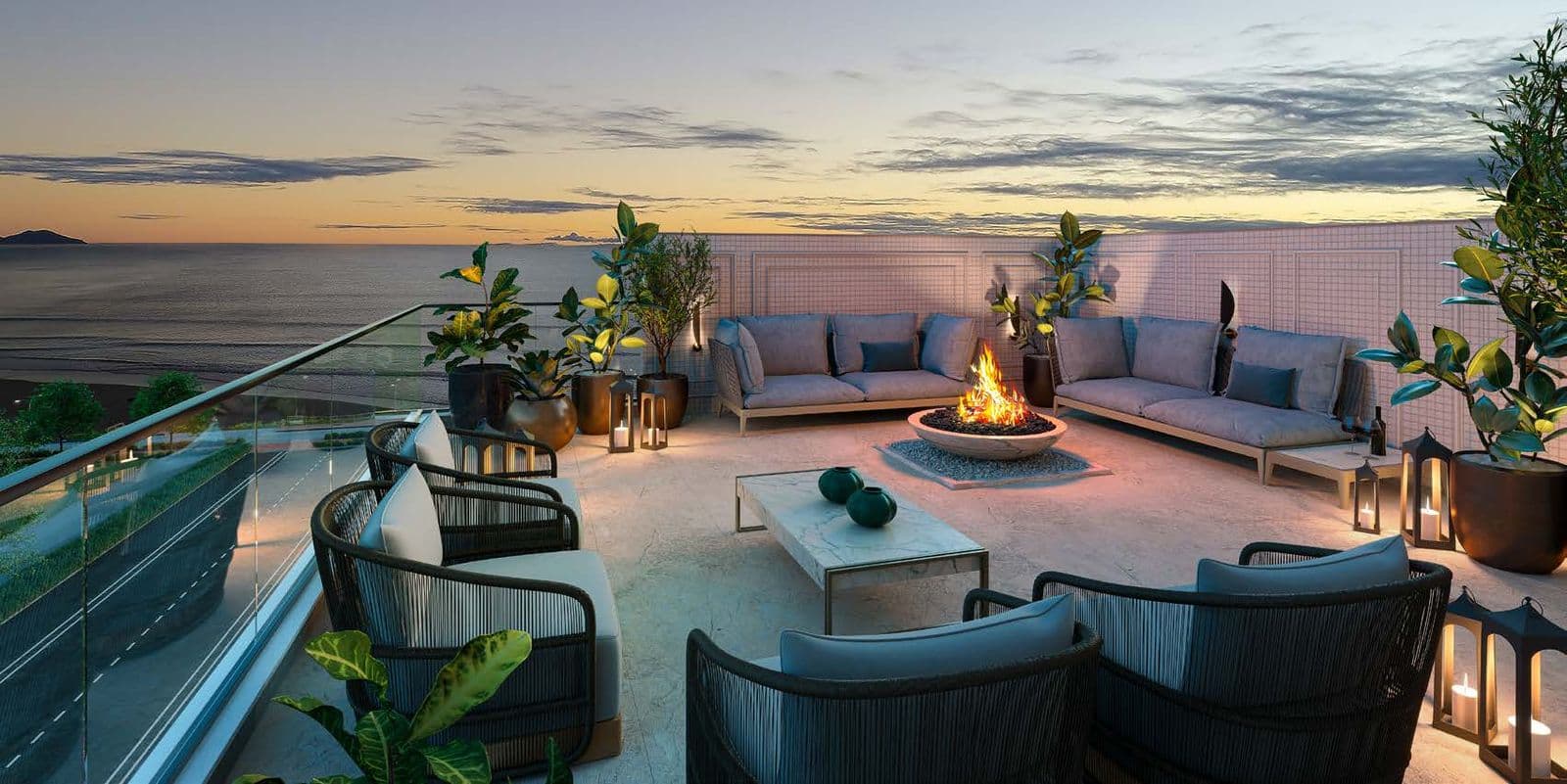 Fire place com vista para o mar no rooftop do Pirita, em Meia Praia