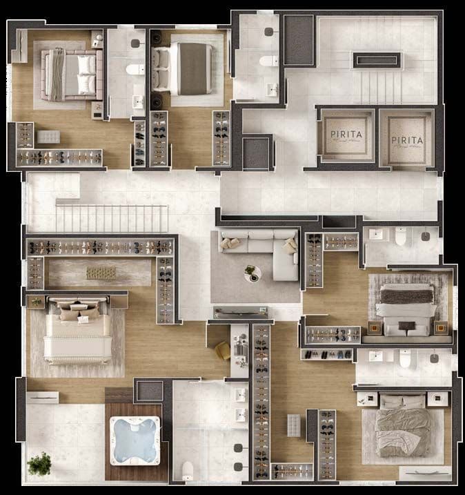 Planta humanizada do duplex inferior do Pirita, com terraço e piscina de 18 m²