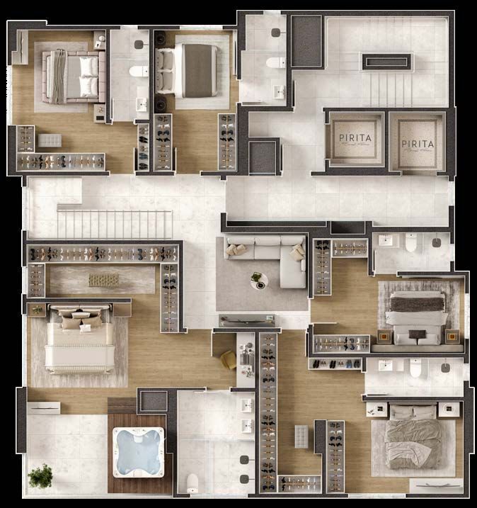 Planta humanizada do duplex inferior do Pirita, com terraço e piscina de 18 m²