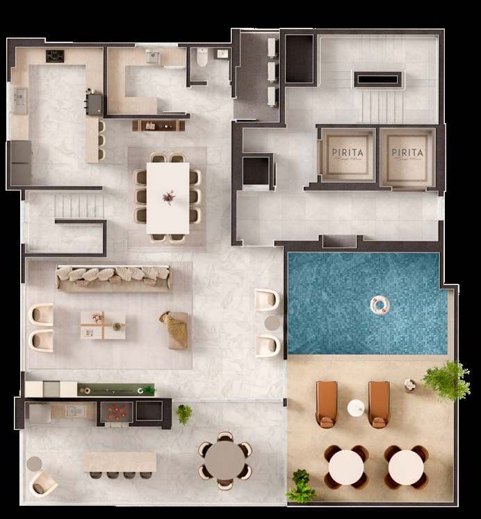 Planta humanizada do duplex superior do Pirita, com suíte master de 45 m²