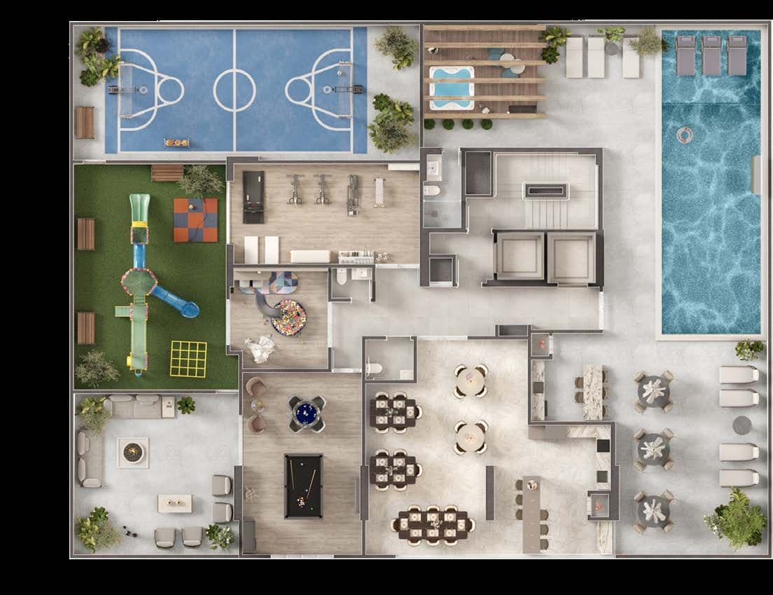 Planta humanizada da área de lazer de 587 m² do Pirita Concept Home Residence