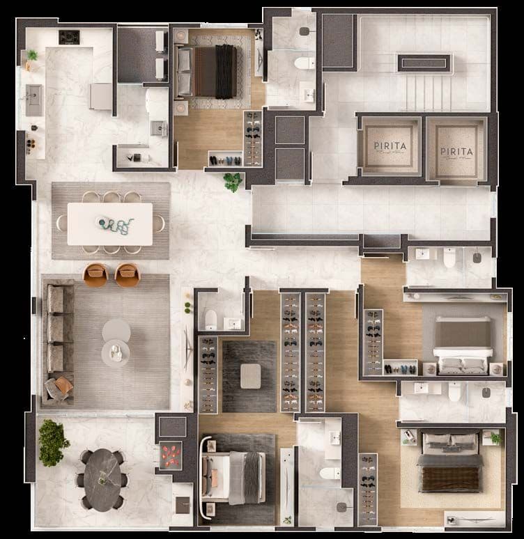 Planta humanizada do apartamento tipo do Pirita, 190 m² com 4 suítes