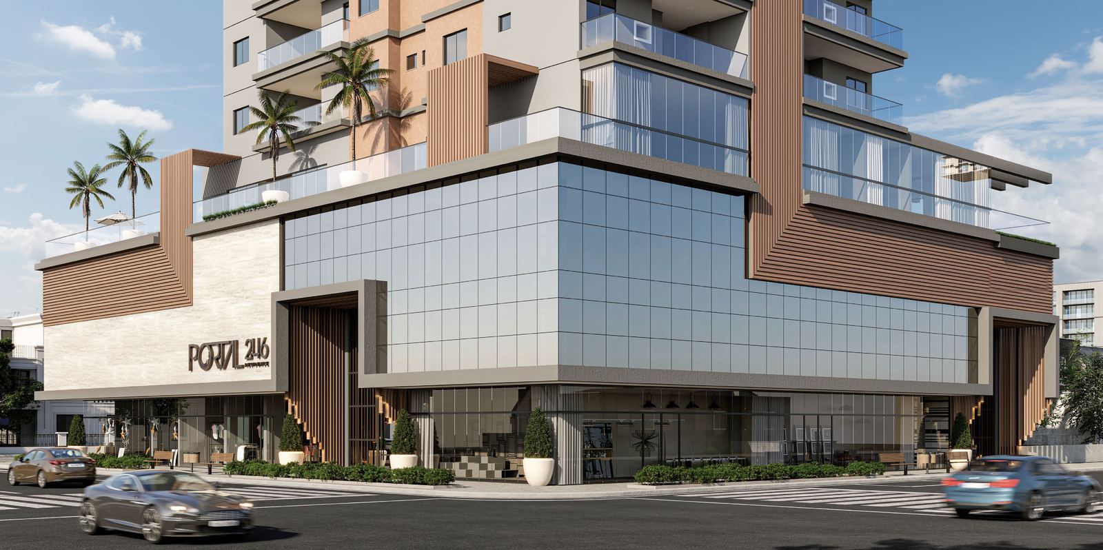Fachada do Portal 246 Residence, na 4ª Avenida com a Rua 246, Meia Praia, Itapema