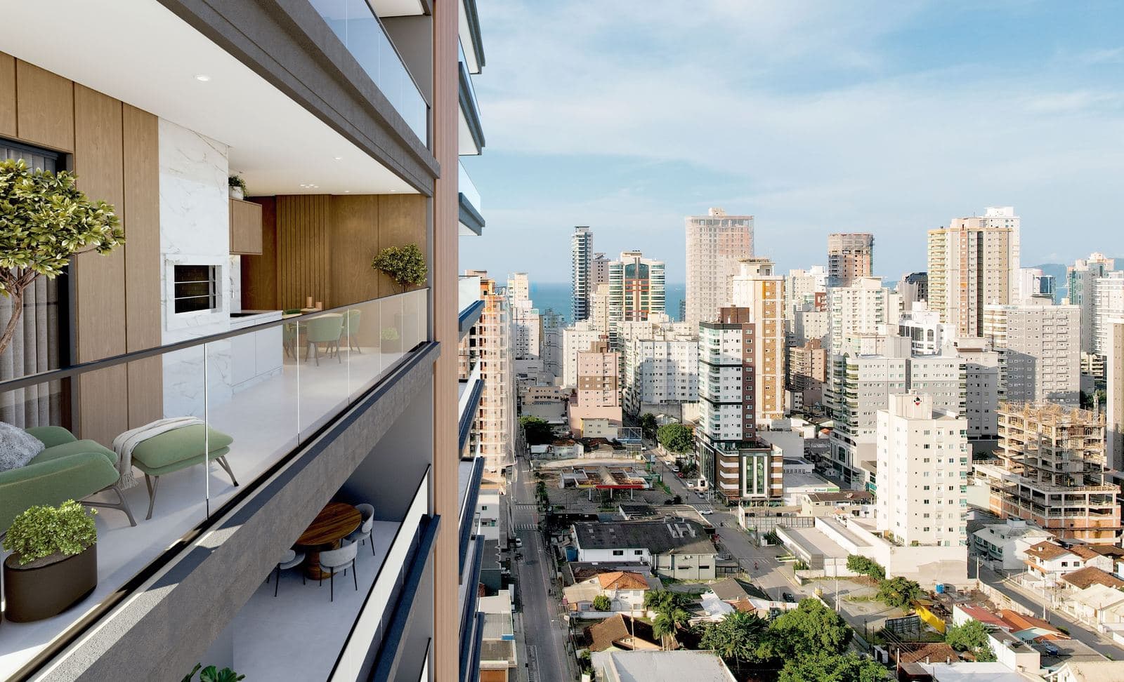 Living integrado à cozinha de um apartamento do Portal 246, na Meia Praia