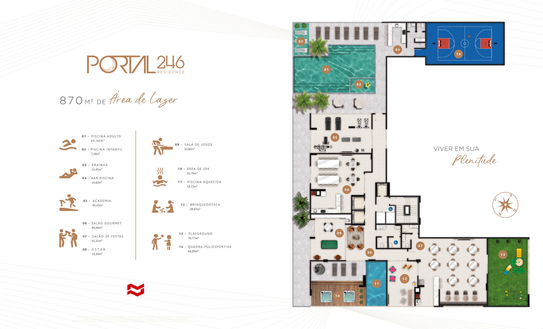 Planta dos 870 m² de área de lazer do Portal 246, em Itapema