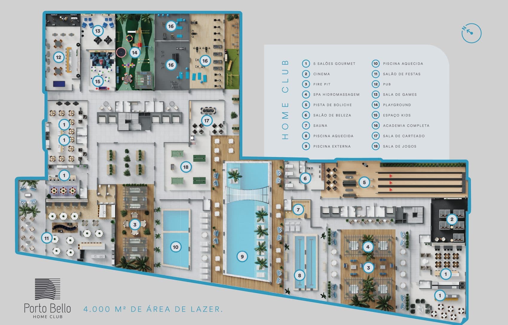 Planta da área de lazer de 4.000 m² do Porto Bello Home Club, com boliche, cinema, pub e três piscinas