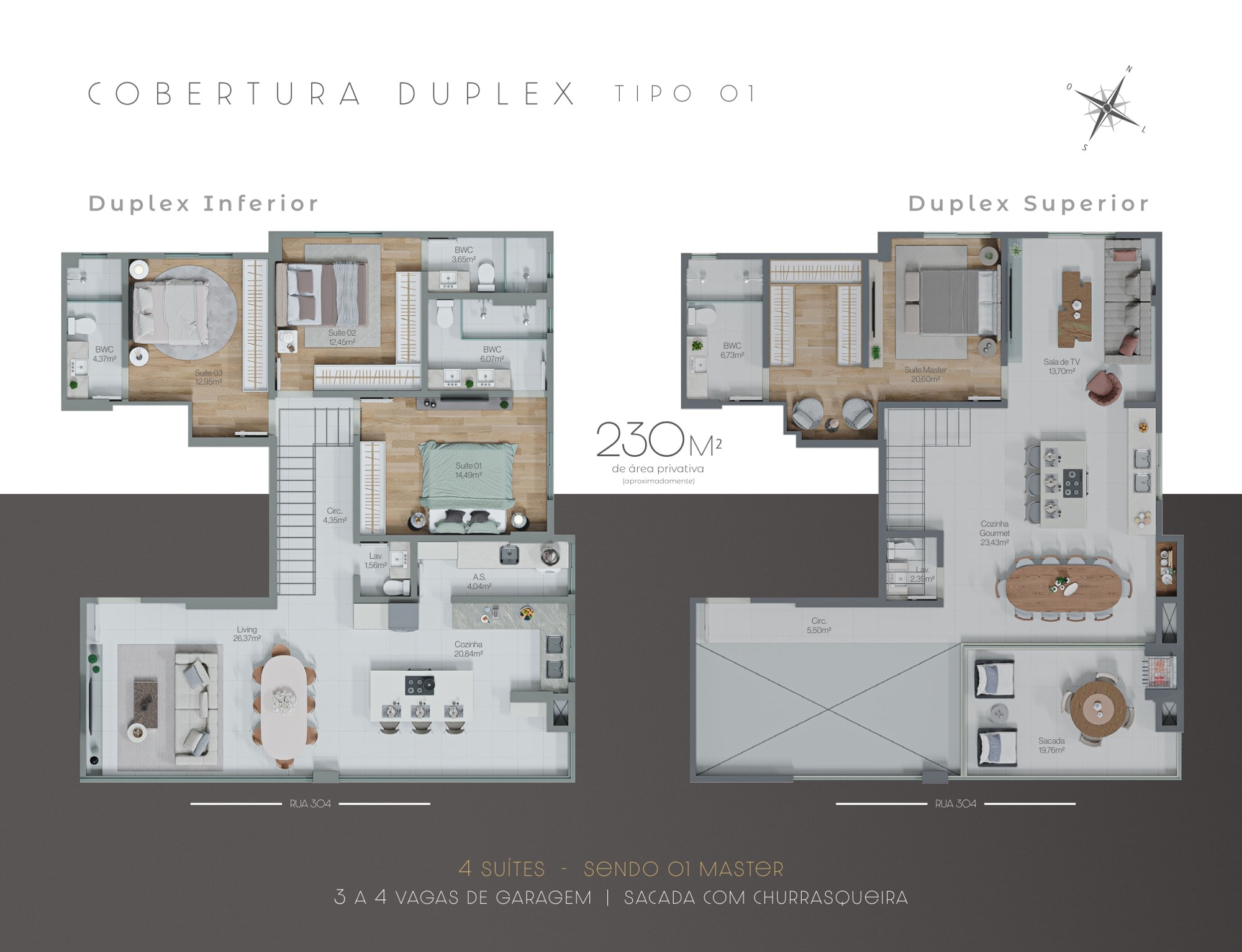 Planta da cobertura duplex do Porto Verano, com 4 suítes e até 240 m²