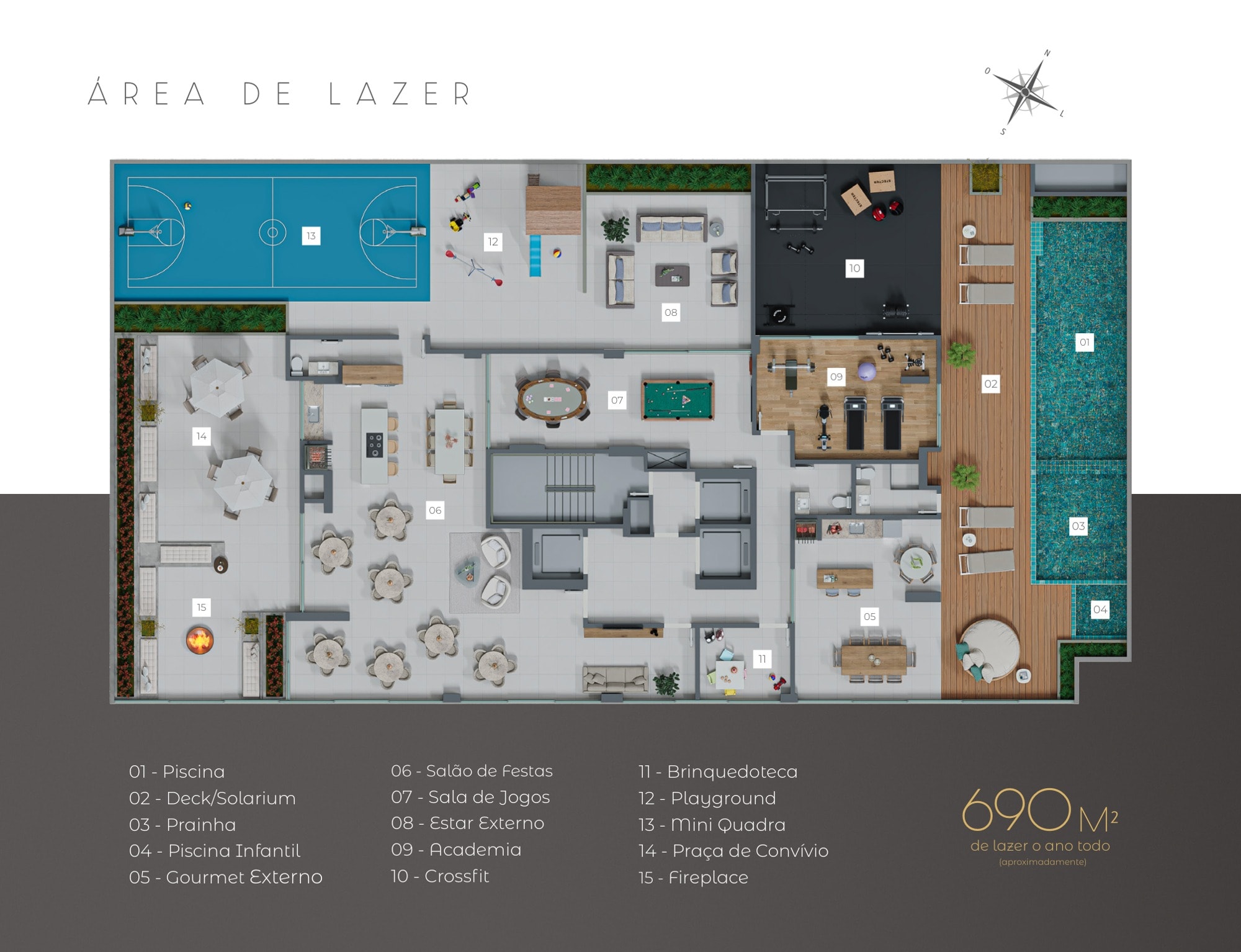 Planta da área de lazer do Porto Verano, com quinze ambientes, em Itapema
