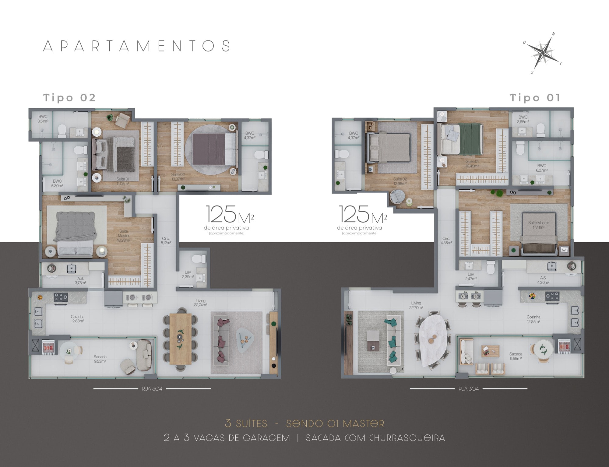Planta do pavimento tipo do Porto Verano: dois apartamentos de 125 m² com 3 suítes