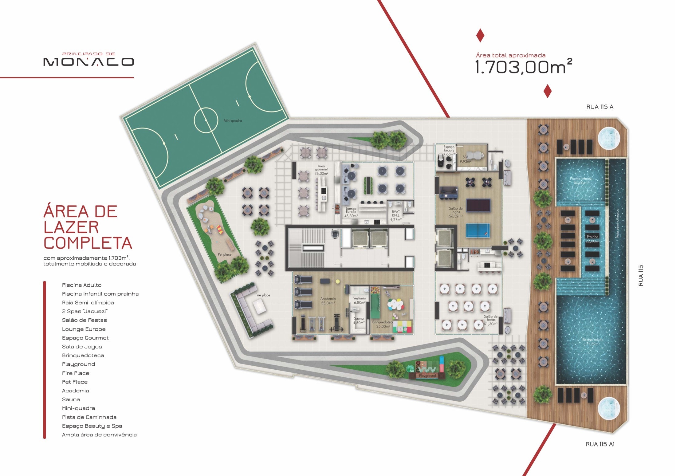 Planta da área de lazer de 1.703 m² do Principado de Mônaco, no Centro de Itapema