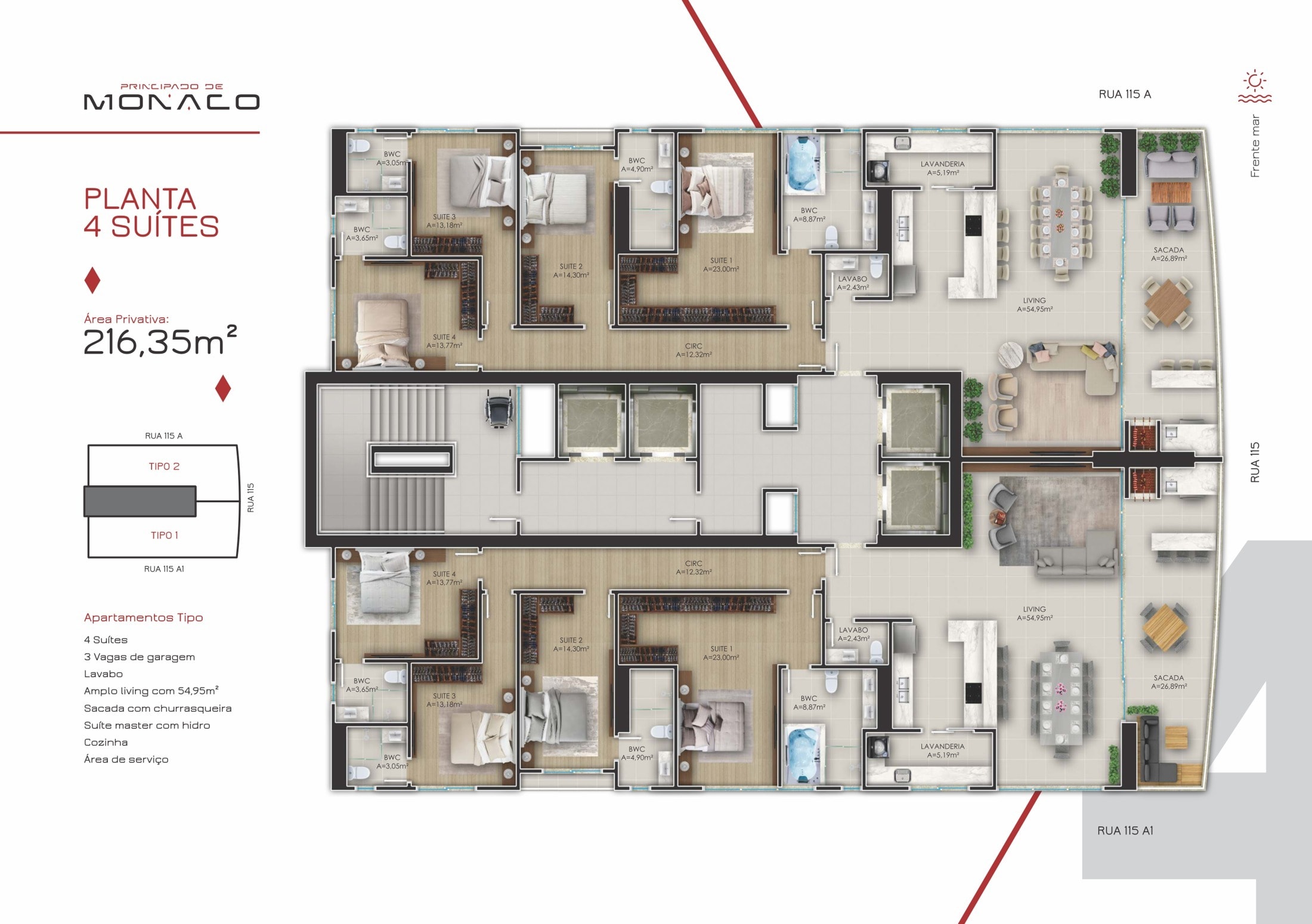 Planta do pavimento tipo do Principado de Mônaco: dois apartamentos de 216,35 m² com 4 suítes