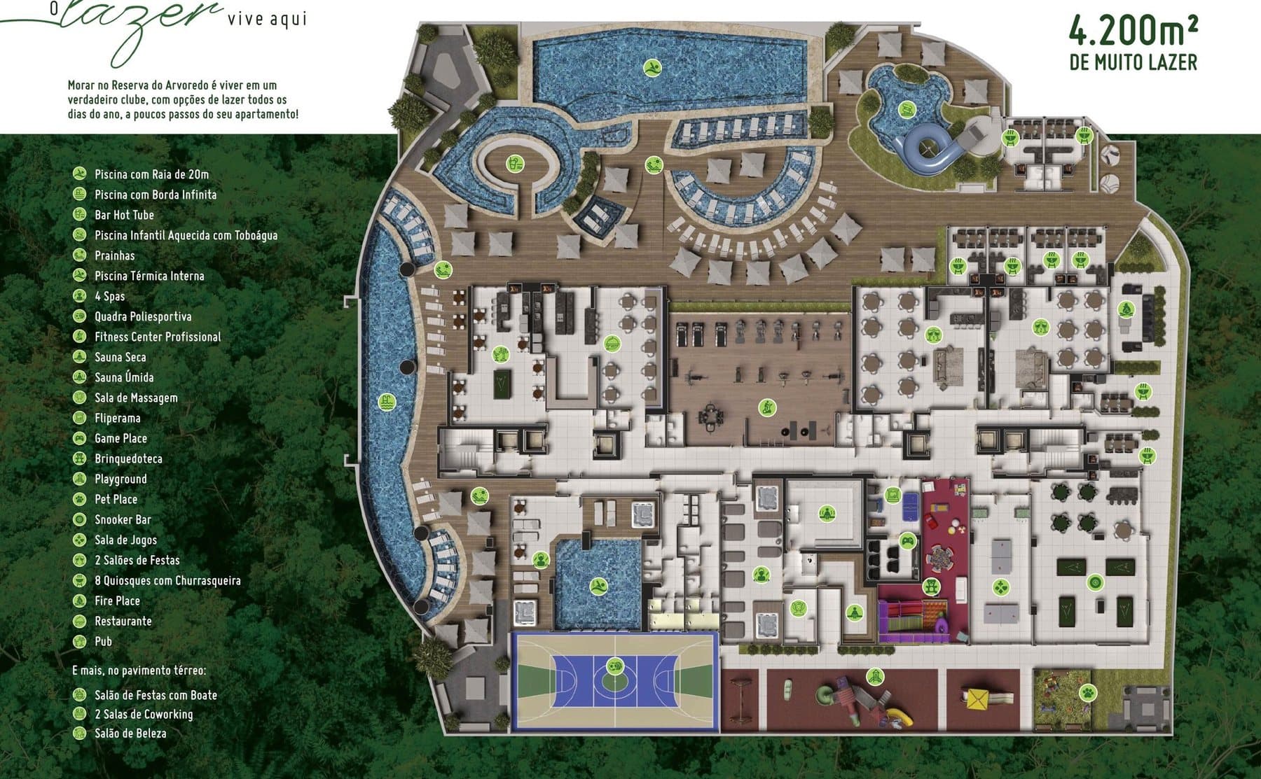 Planta da área de lazer de 4.200 m² do Reserva do Arvoredo Home Club