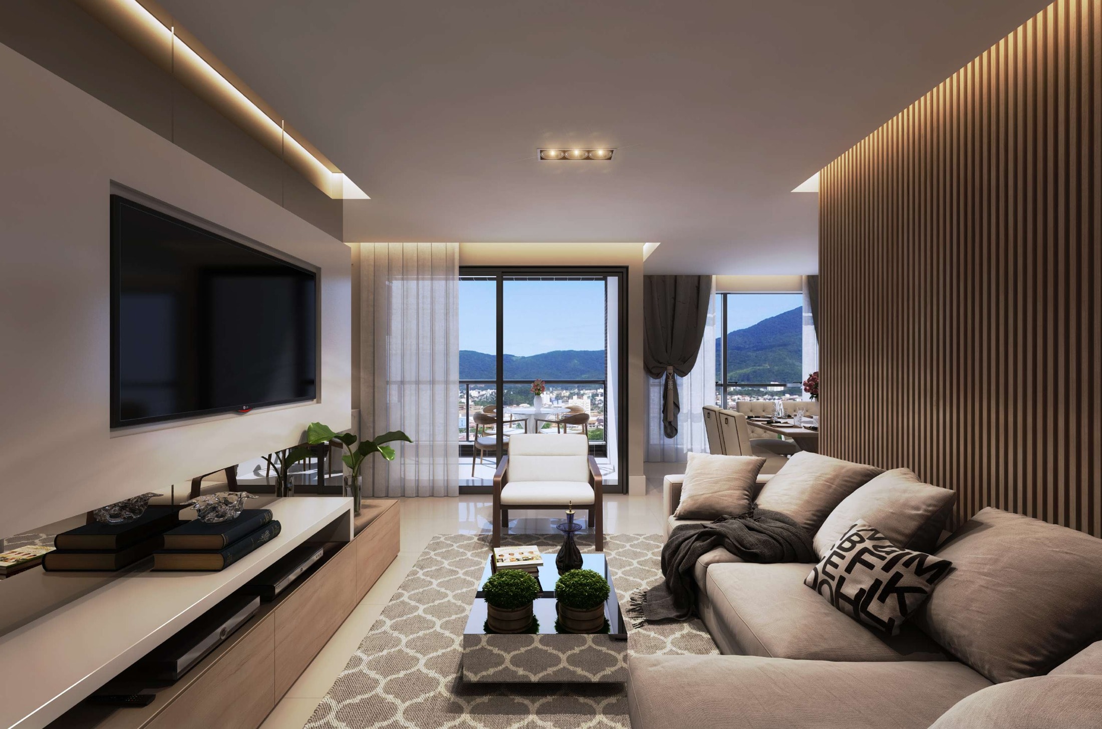 Living integrado do apartamento do Riomaggiore Residenziale, em Meia Praia, Itapema
