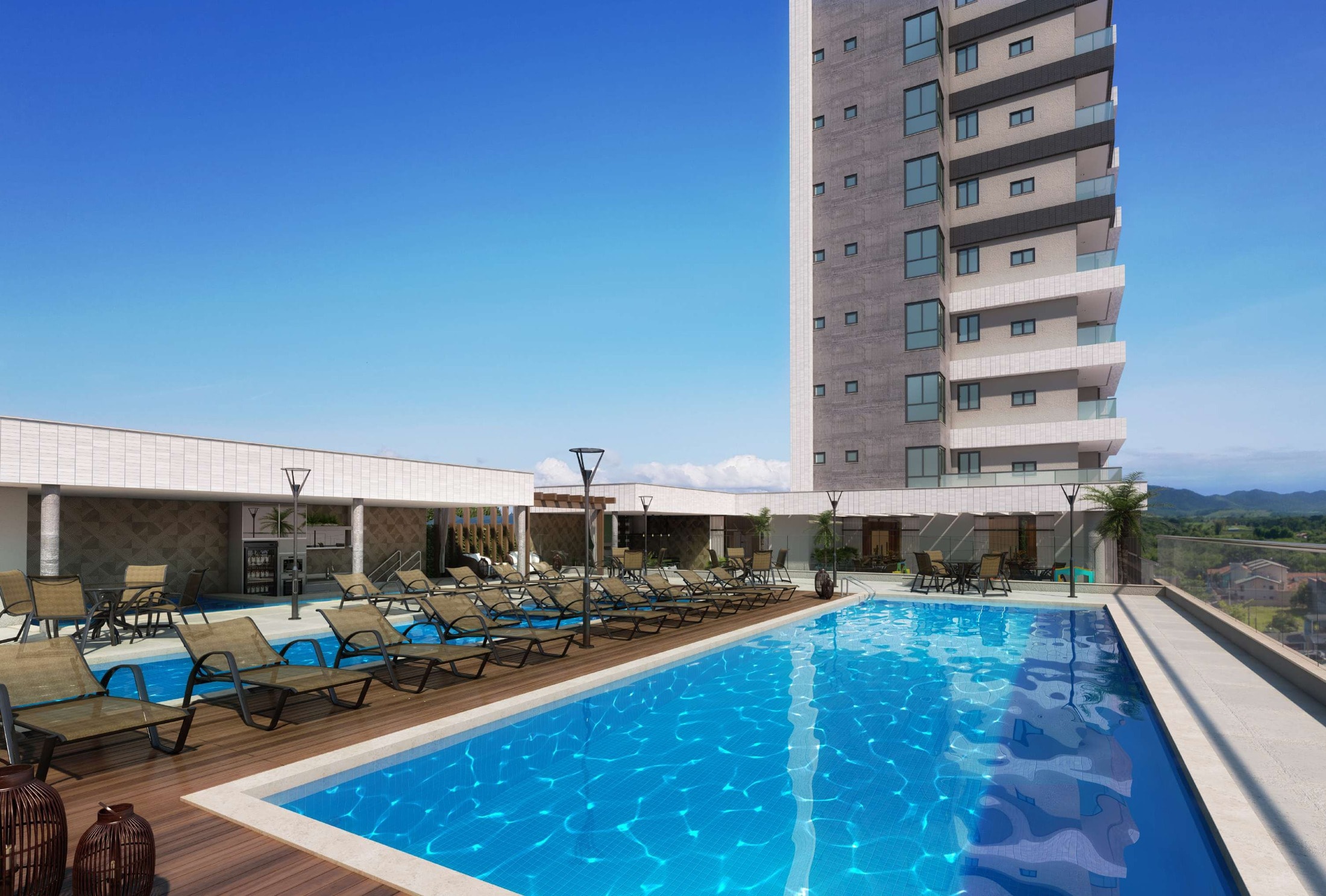 Piscina aquecida com deck do Riomaggiore Residenziale, em Meia Praia, Itapema