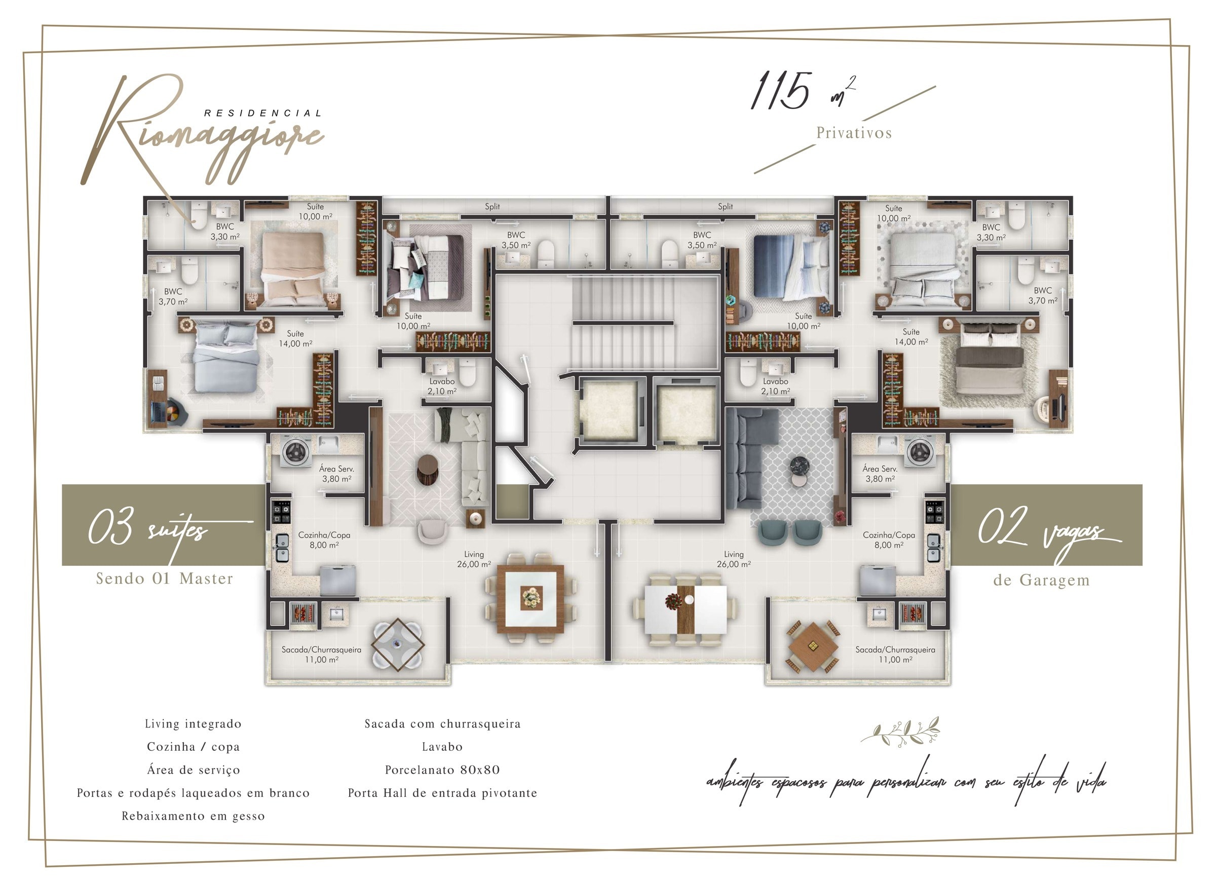 Planta do pavimento tipo do Riomaggiore: dois apartamentos de 114,74 m² com 3 suítes