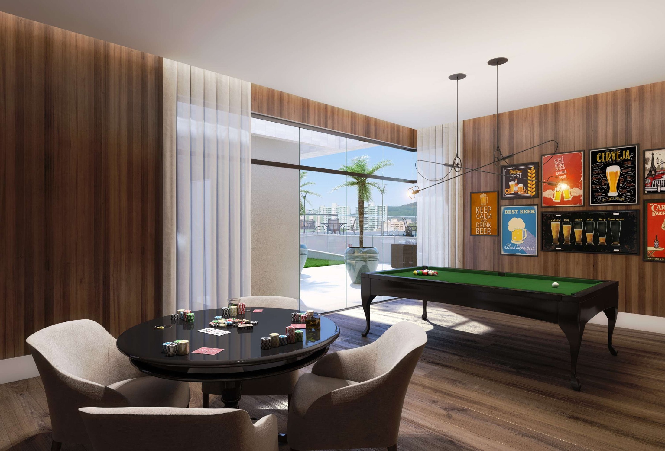Sala de jogos com sinuca do Riomaggiore Residenziale, em Meia Praia