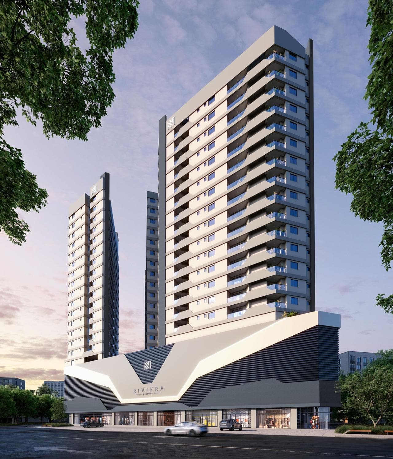 Fachada do Riviera Home Club, com as torres e o embasamento com a marca do empreendimento