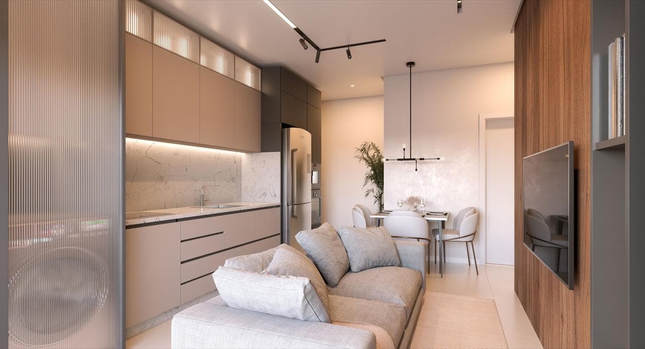 Living do apartamento tipo 01 da Torre Lerici do Riviera Home Club