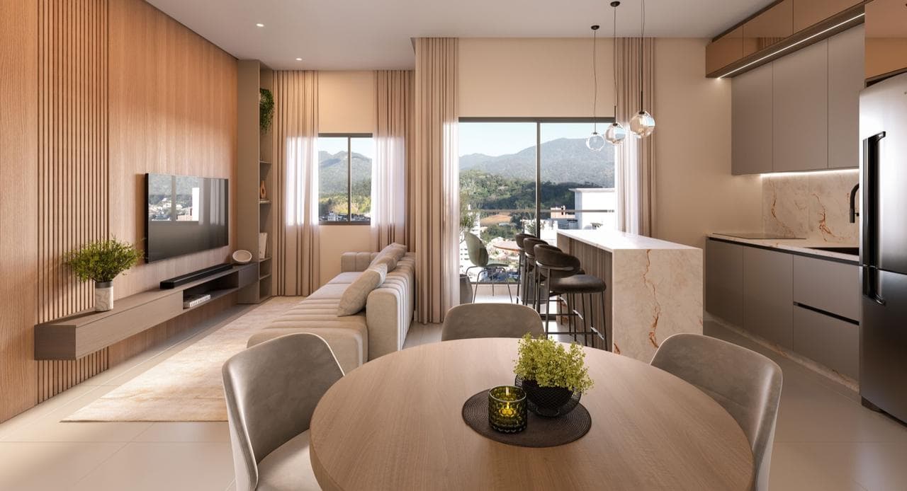 Living integrado do apartamento tipo 03 da Torre Sorrento do Riviera Home Club