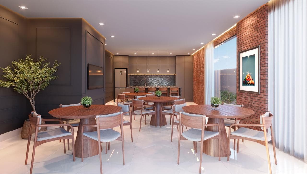 Pub do Riviera Home Club, com mesas e parede de tijolos