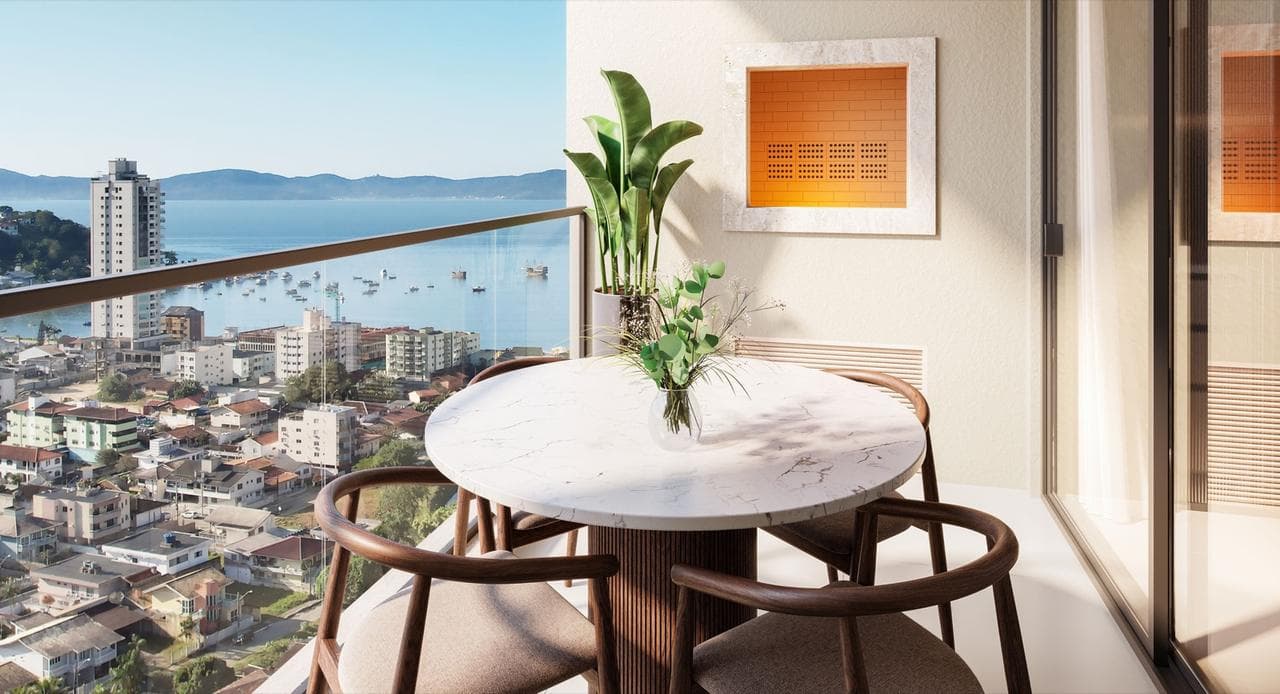 Sacada do apartamento tipo 01 da Torre Lerici do Riviera Home Club, com vista para o mar