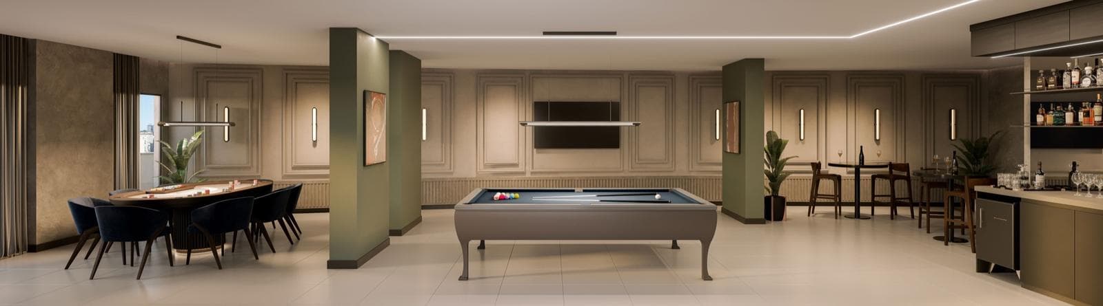 Sala de jogos do Riviera Home Club, com mesa de sinuca