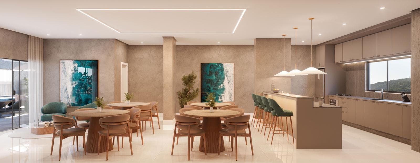 Salão de festas do Riviera Home Club, com mesas e cozinha integrada