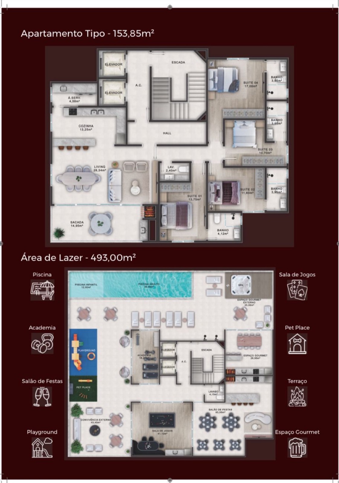 Planta do apartamento tipo do Rotterdam Residence (153,85 m²) e da área de lazer (493 m²)