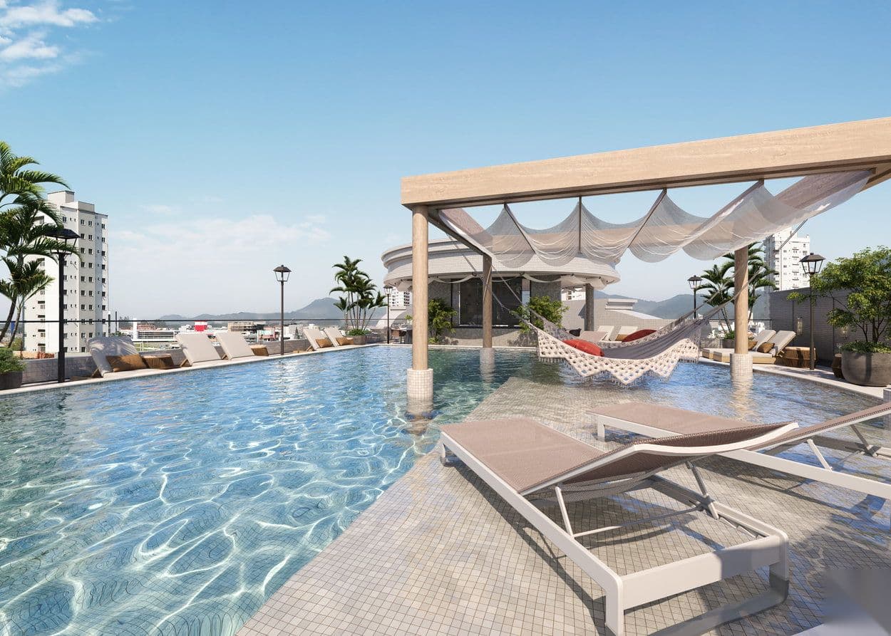 Deck e pergolado da piscina do Rubelita Palace Residence, em Itapema