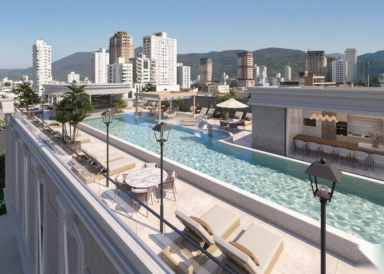 Piscina externa aquecida com vista para a cidade do Rubelita Palace Residence, na Meia Praia, Itapema
