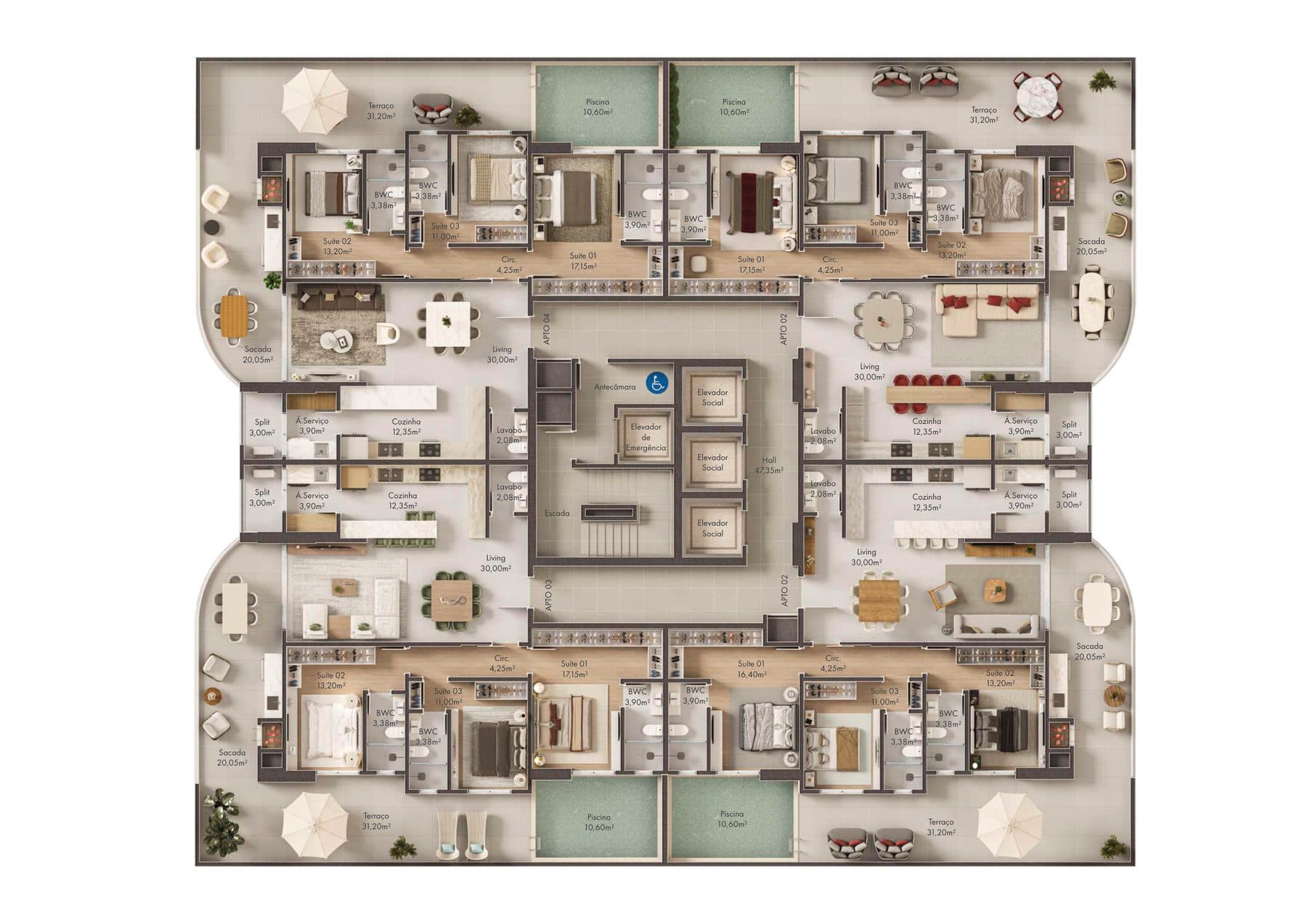 Planta do pavimento diferenciado do Rubelita Palace Residence, com apartamentos de 191 m² e 3 suítes, em Itapema