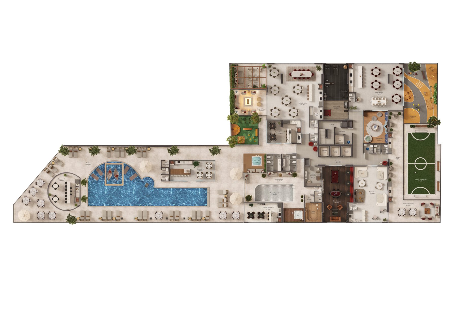 Planta do pavimento de lazer de 1.962 m² do Rubelita Palace Residence, em Itapema