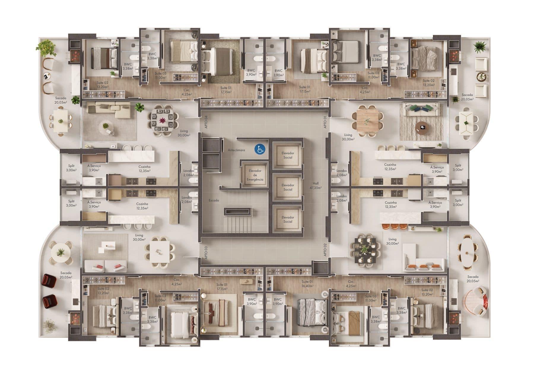 Planta do pavimento tipo do Rubelita Palace Residence, com apartamentos de 143 m² e 3 suítes, em Itapema