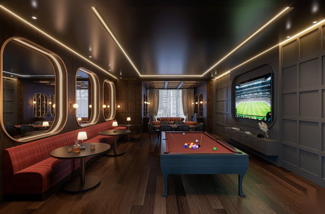 Sala de jogos com sinuca do Rubelita Palace Residence, em Itapema
