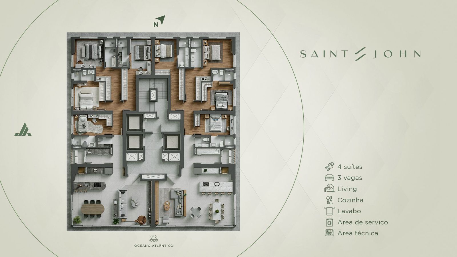 Planta do apartamento tipo do Saint John, 173 m² com 4 suítes