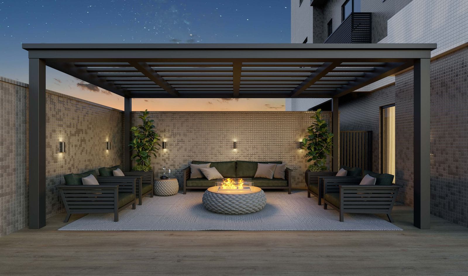 Fire place com pergolado do Santiago Residencial, na Meia Praia, Itapema