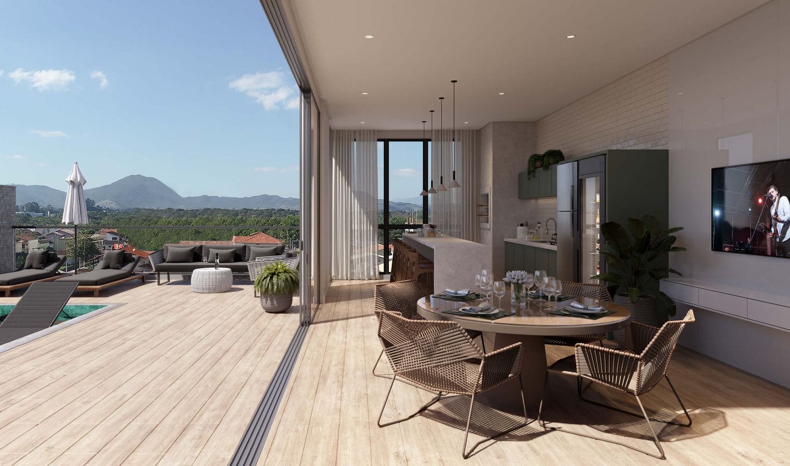 Espaço gourmet com vista do Santiago Residencial, na Meia Praia, Itapema