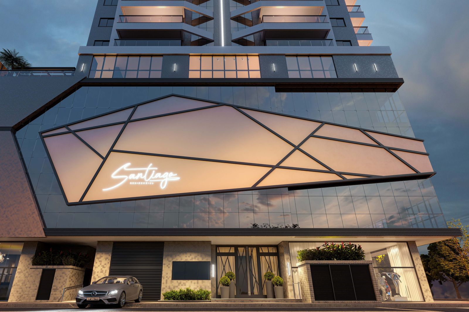Fachada iluminada do Santiago Residencial na Rua 302, esquina com a 2ª Avenida, Meia Praia, Itapema