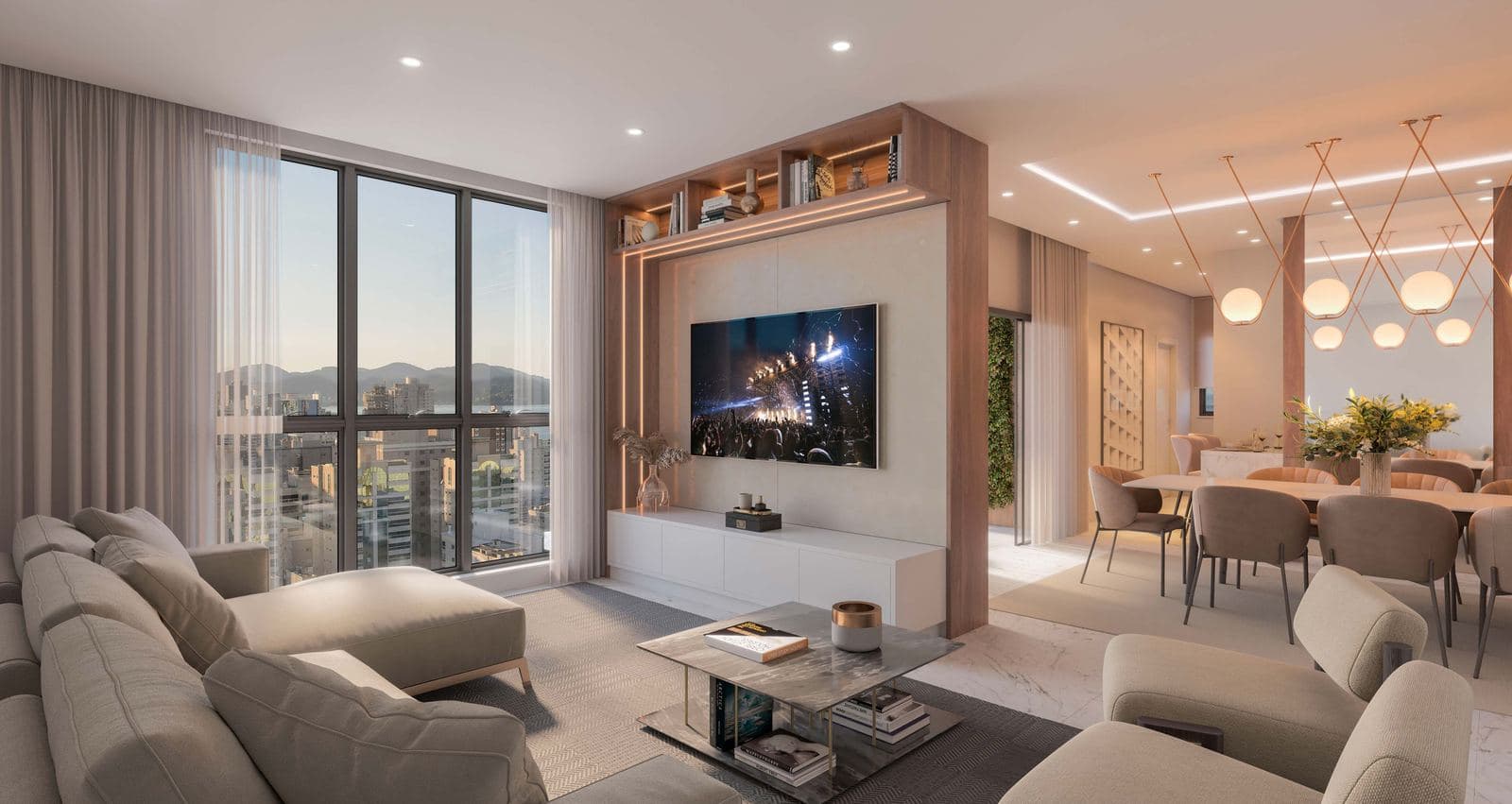 Living integrado de 37 m² de um apartamento do Santiago Residencial, na Meia Praia, Itapema
