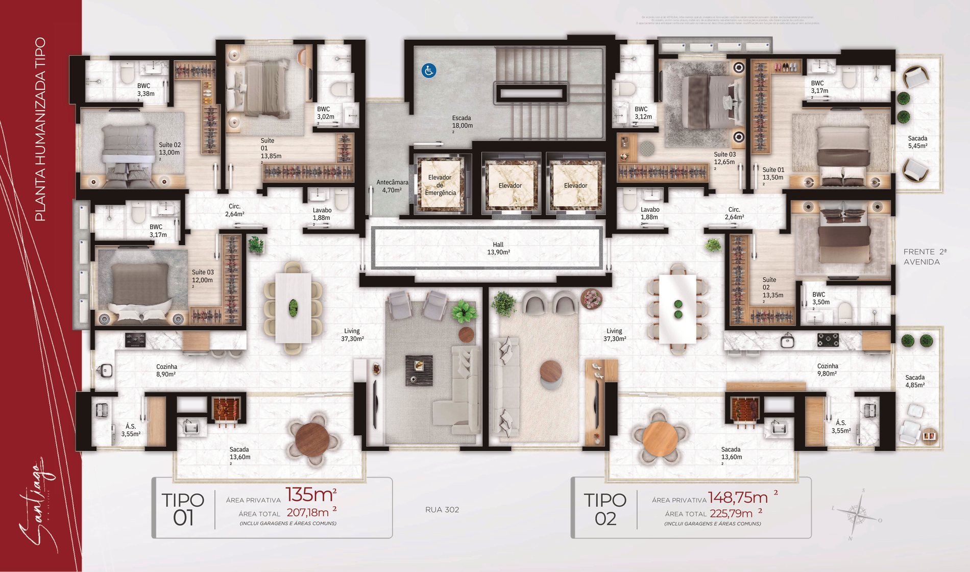 Plantas humanizadas dos apartamentos tipo 01 e tipo 02 do Santiago Residencial, em Itapema