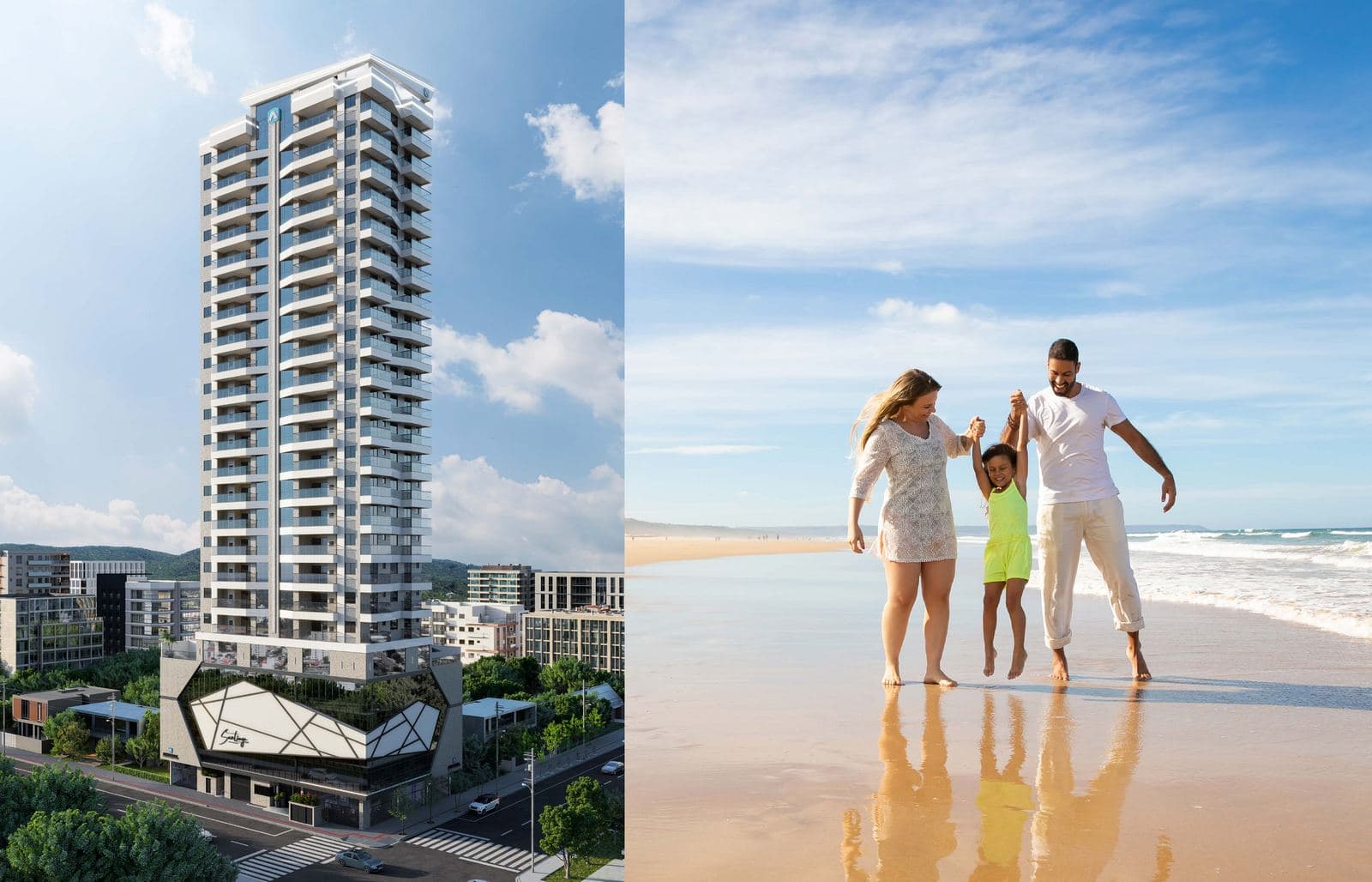 Torre do Santiago Residencial no skyline da Meia Praia, com o mar de Itapema