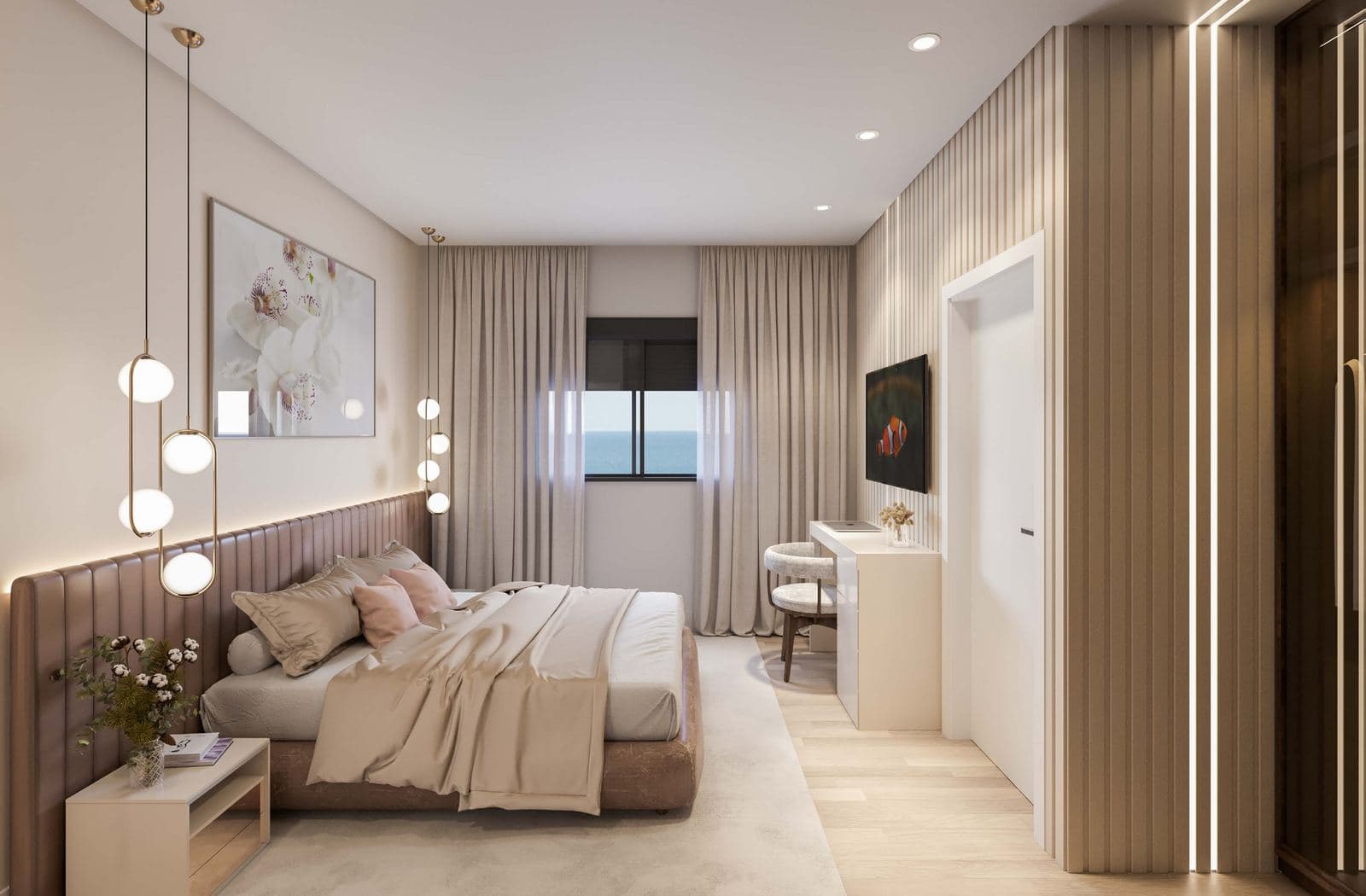 Suíte de um apartamento do Santiago Residencial, na Meia Praia, Itapema