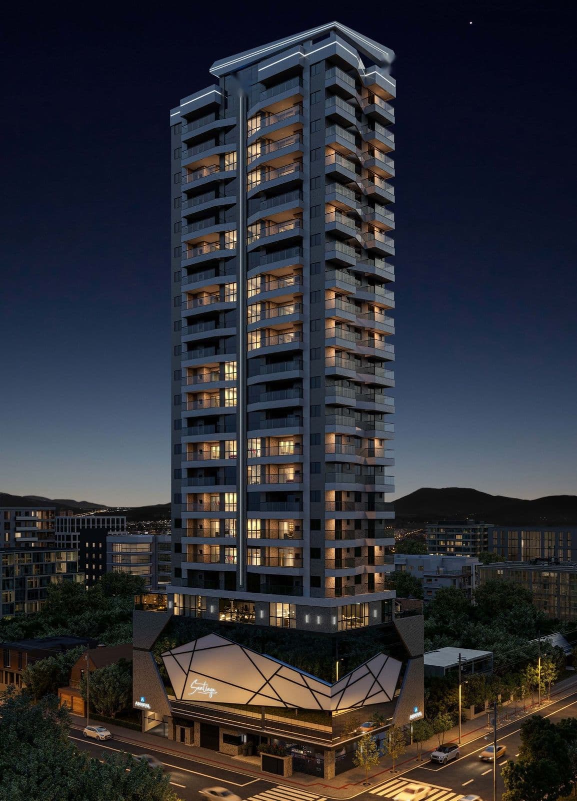 Torre do Santiago Residencial iluminada à noite, na Meia Praia, Itapema