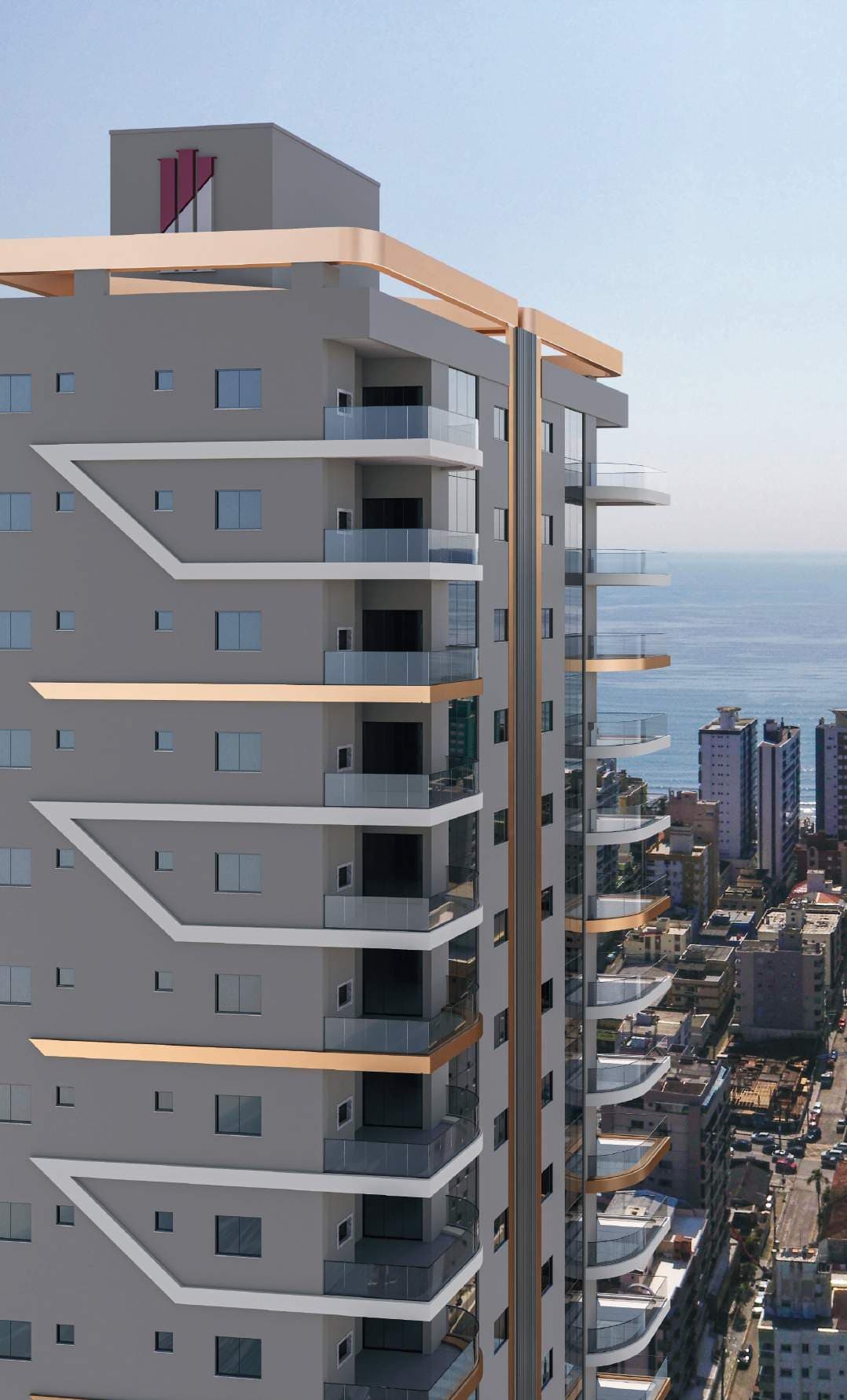 Fachada em pele de vidro do edifício Serenity Residence com o mar de Itapema ao fundo