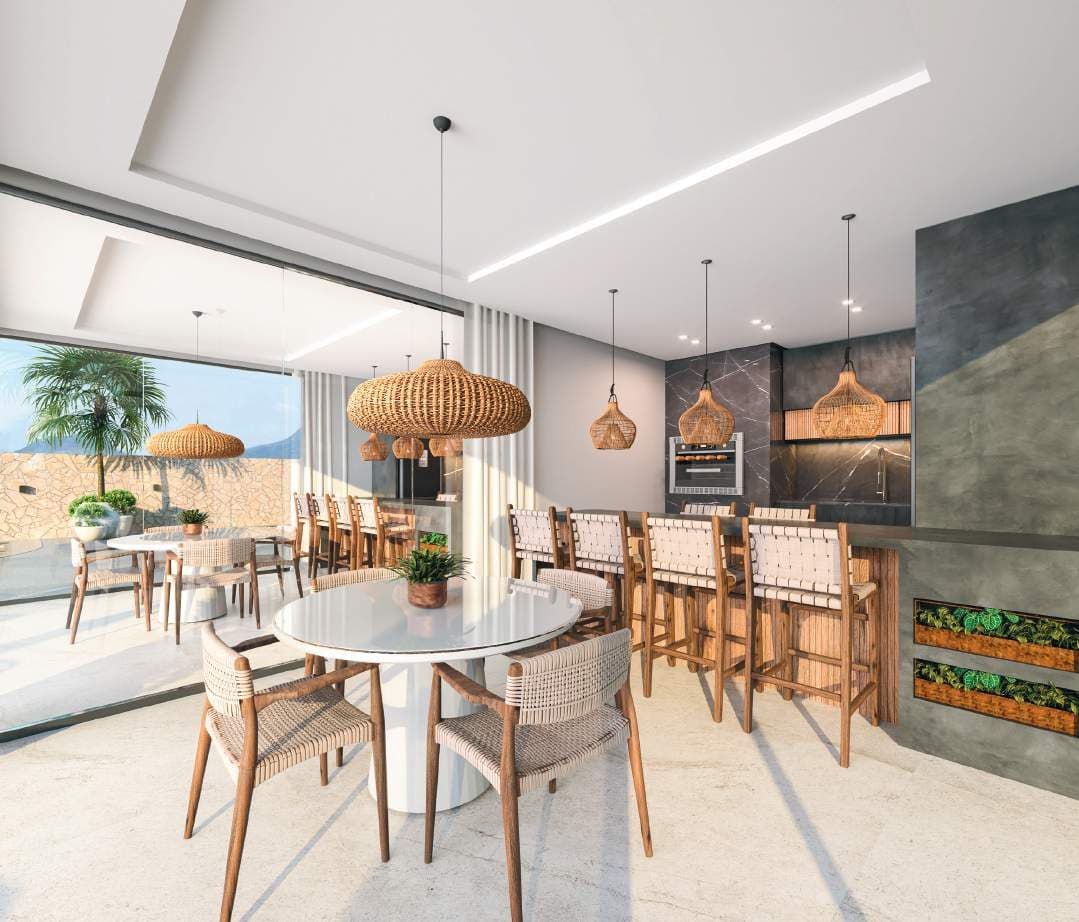 Espaço gourmet ao lado da piscina do Serenity Residence, em Itapema