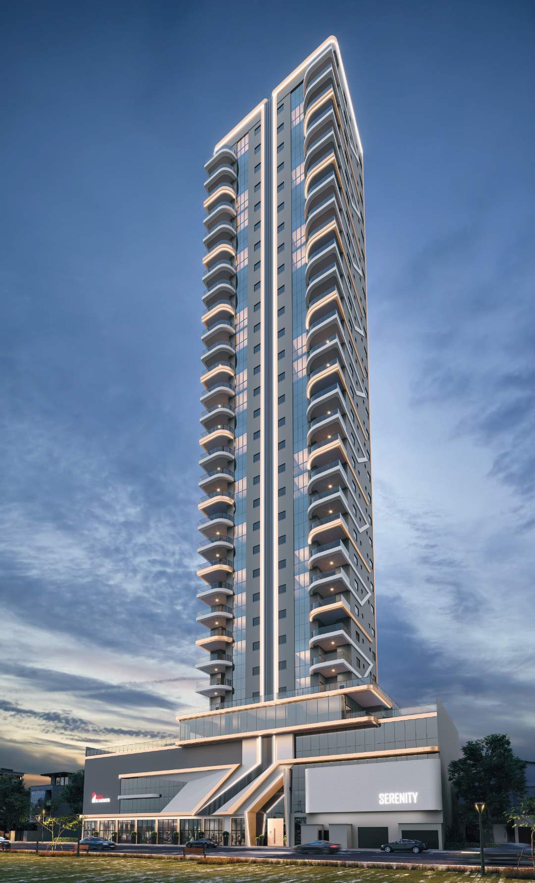 Torre do Serenity Residence iluminada ao anoitecer, na Rua 310, Meia Praia, Itapema